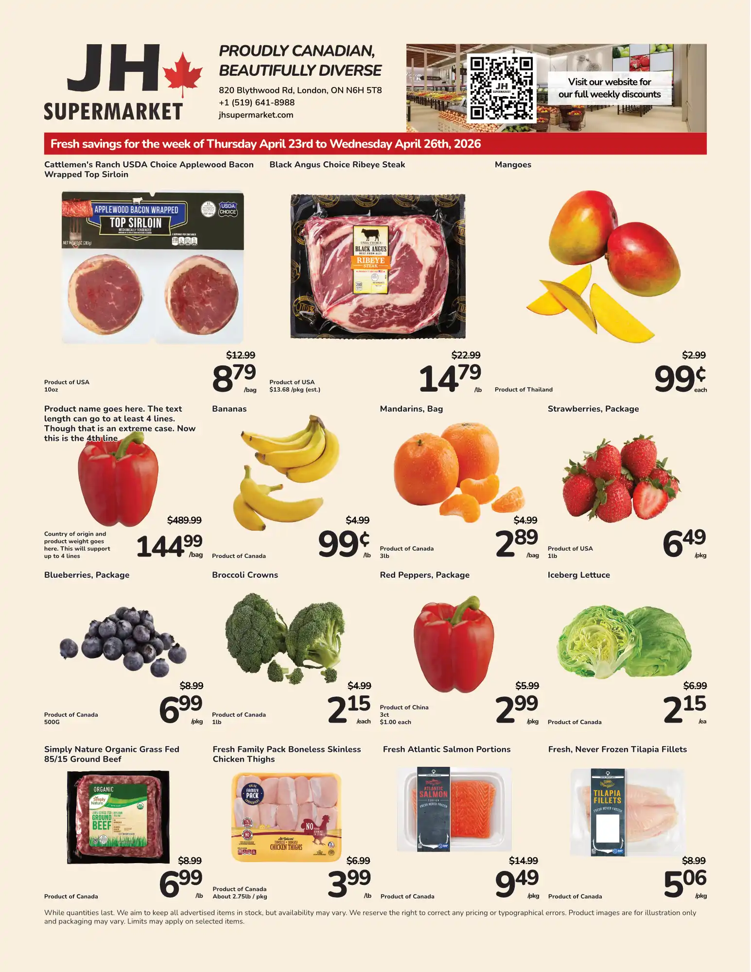 JH Supermarket's weekly flyer with specials on meat, produce and seafood.