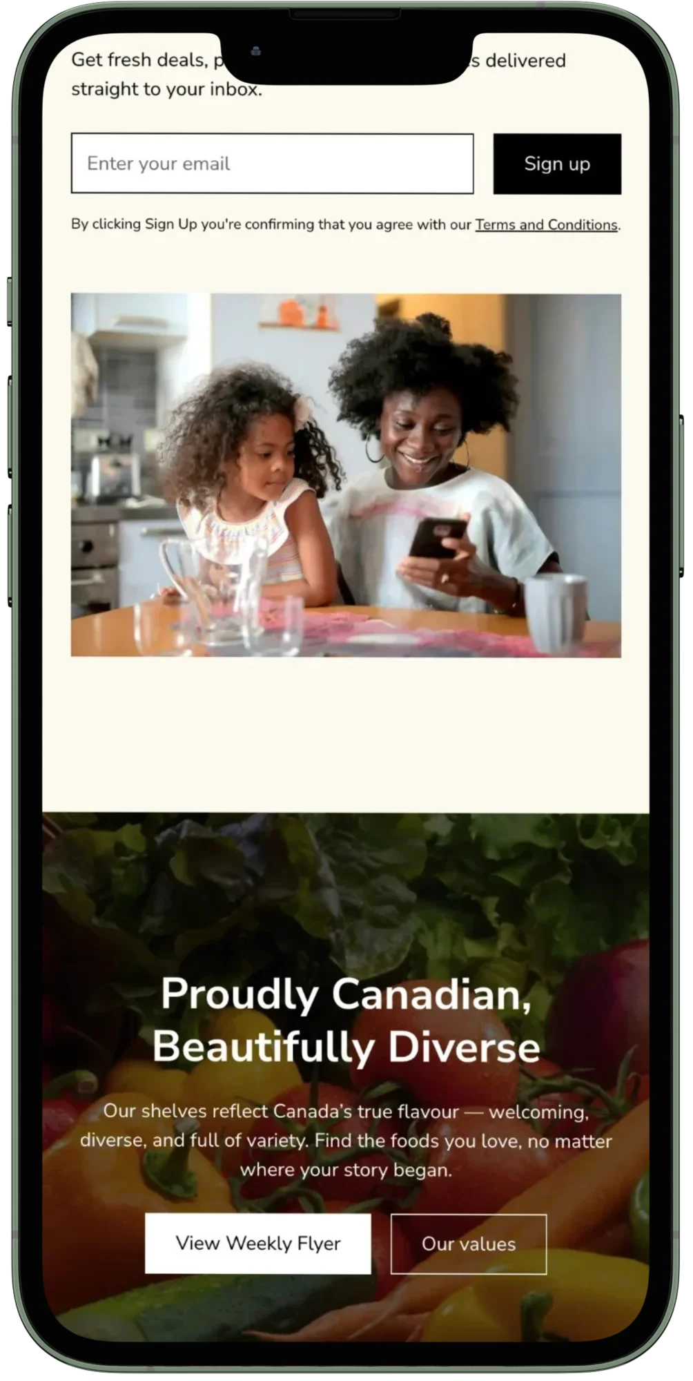 JH Supermarket's mobile homepage with a newsletter signup and the tagline "Proudly Canadian, Beautifully Diverse".