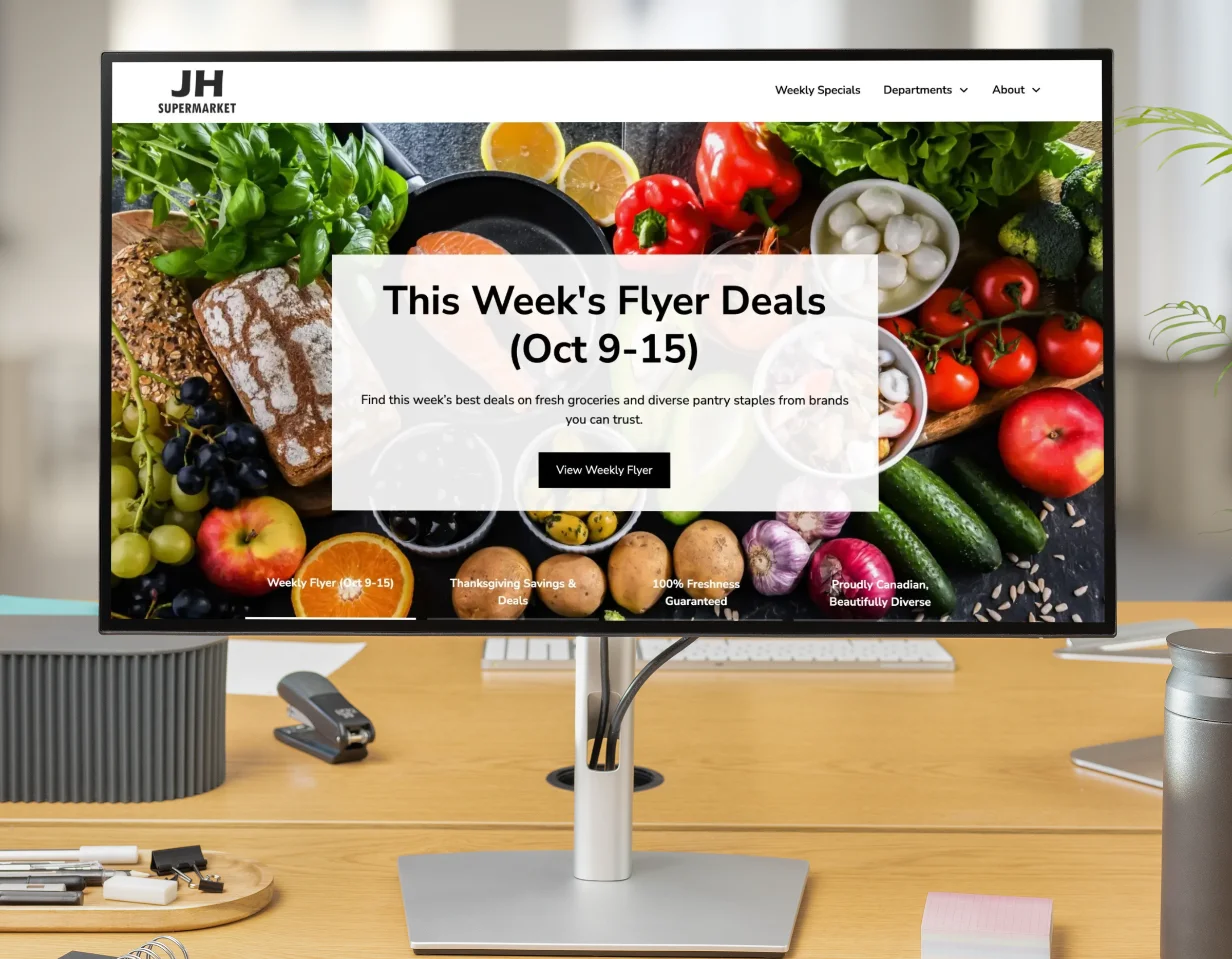 Computer monitor on a wooden desk displaying JH Supermarket's website design.