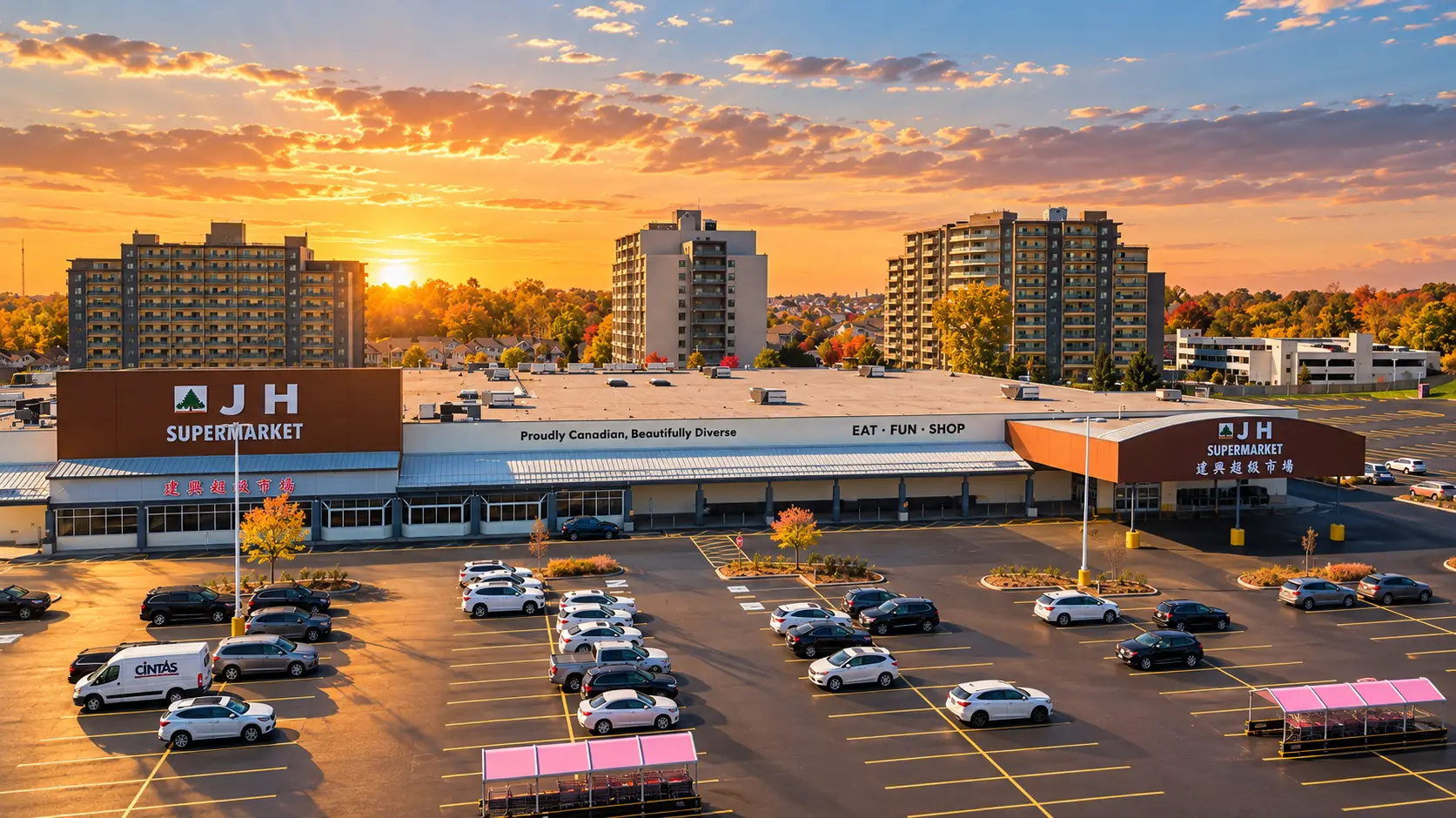 Parking lot with several cars in front of JH Supermarket building during sunset, with a colourful sky and residential high-rise buildings in the background.