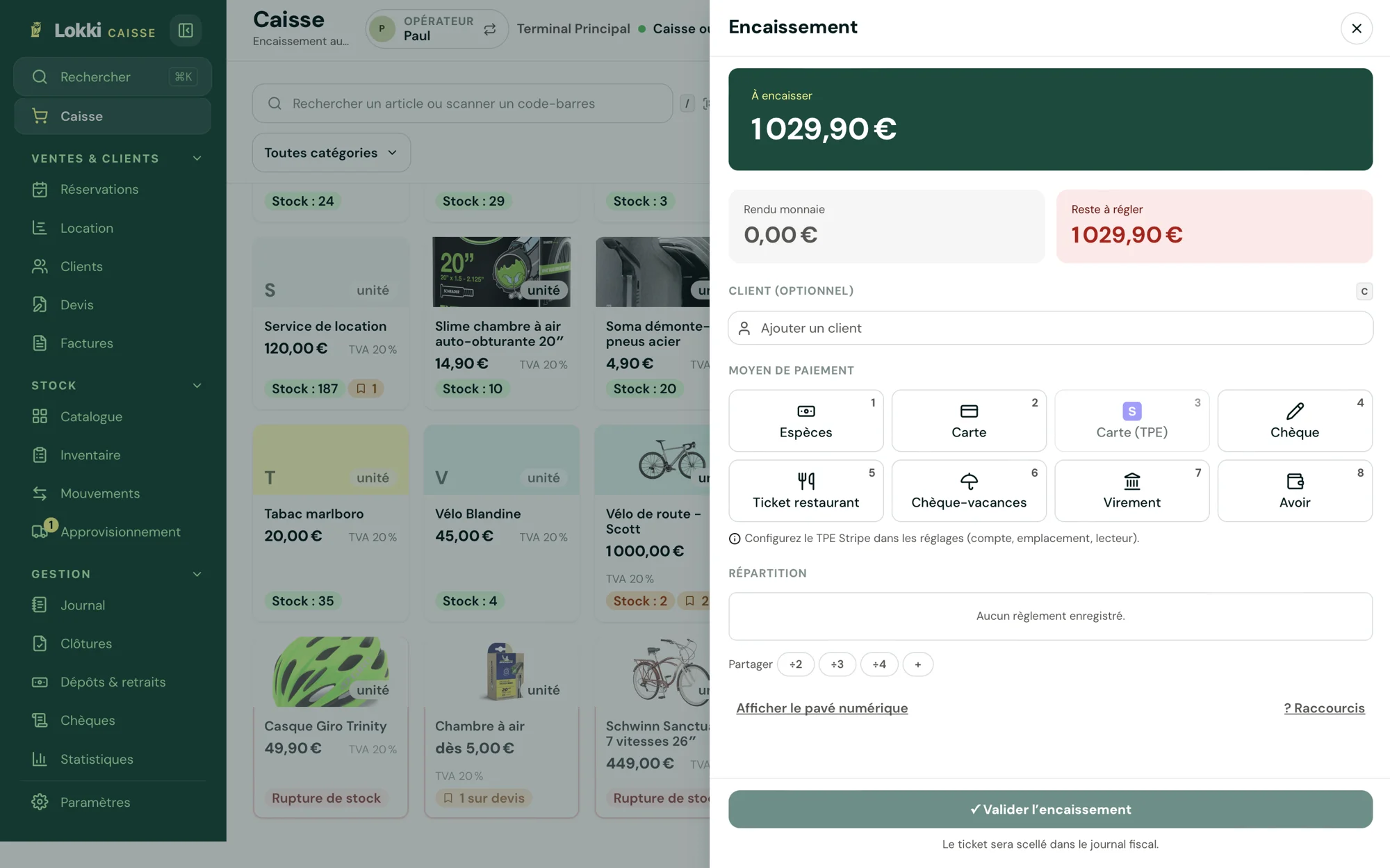Écran d'encaissement de la caisse Lokki pour magasin de vélos
