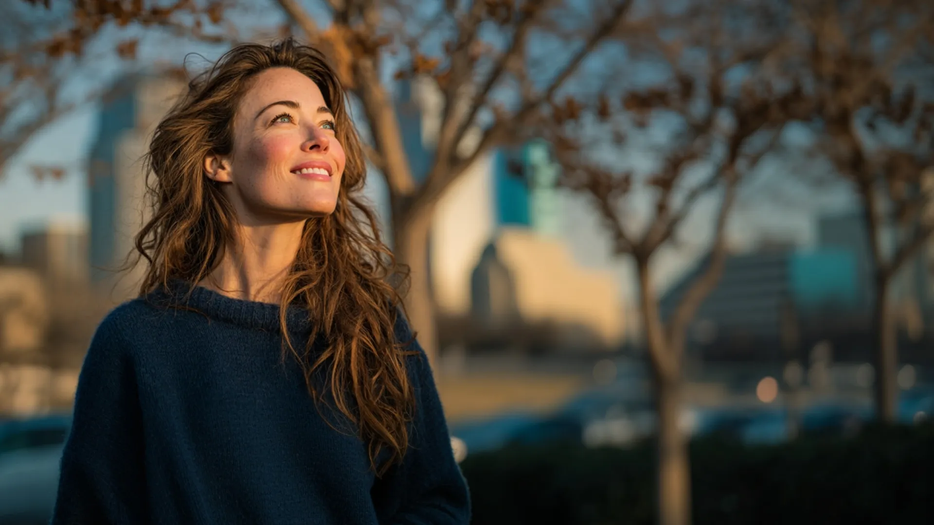 Smiling woman with long wavy hair in a blue sweater standing outdoors with city buildings and leafless trees in the background.