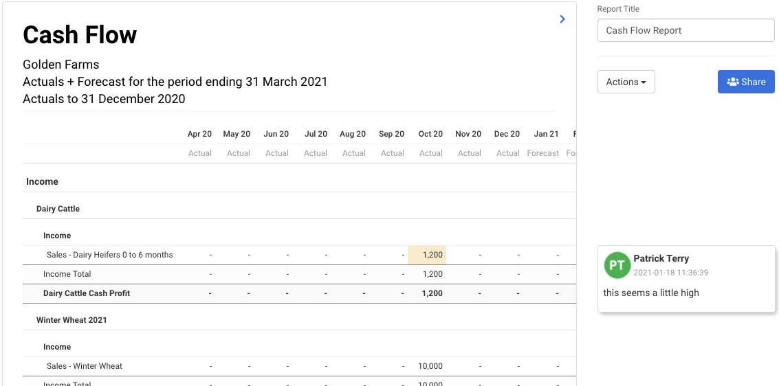 Image of a cashflow report in Figured. A user has highlighted a comment on one of the report numbers.