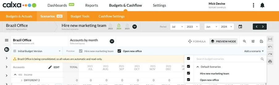 New In Calxa - Budget Scenarios - Preview Mode