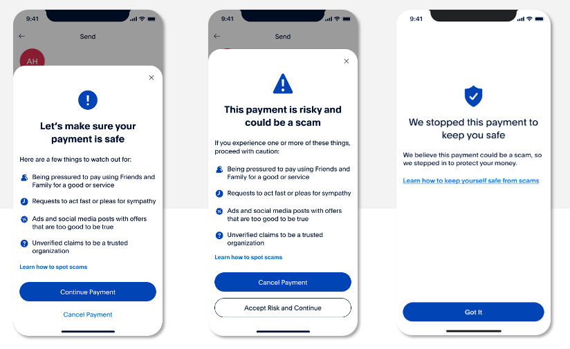 Three smartphone screens display warnings about potential payment scams, listing signs of fraud and options to cancel or proceed.