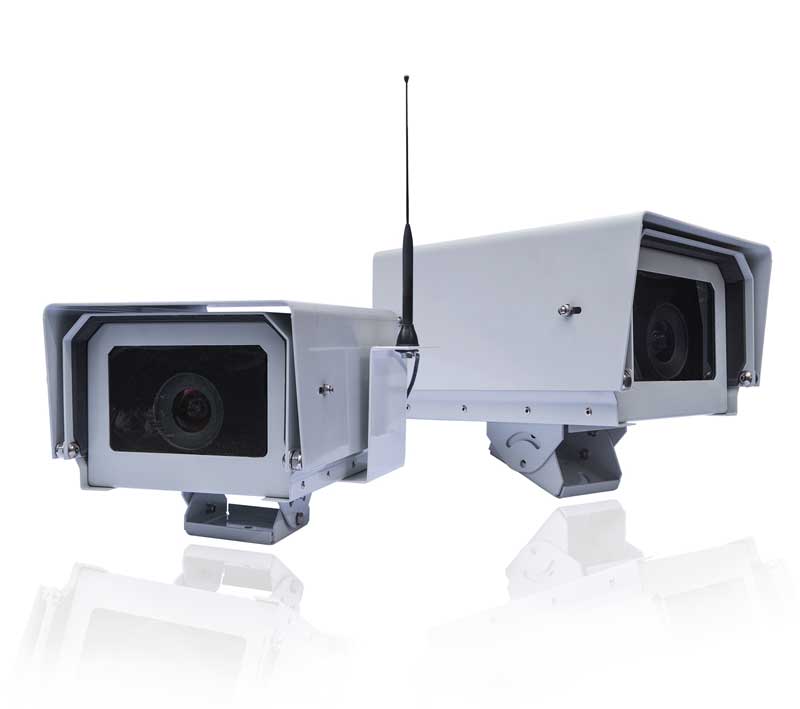 Two white security cameras with antennas on a white background reflecting below.