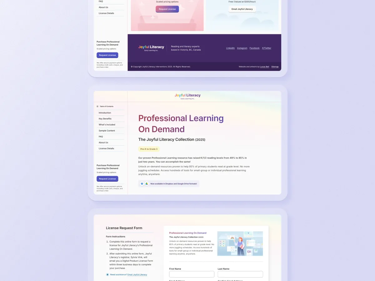 Mockup of three desktop size computer screens showcasing the user interface design of the new Joyful Literacy website