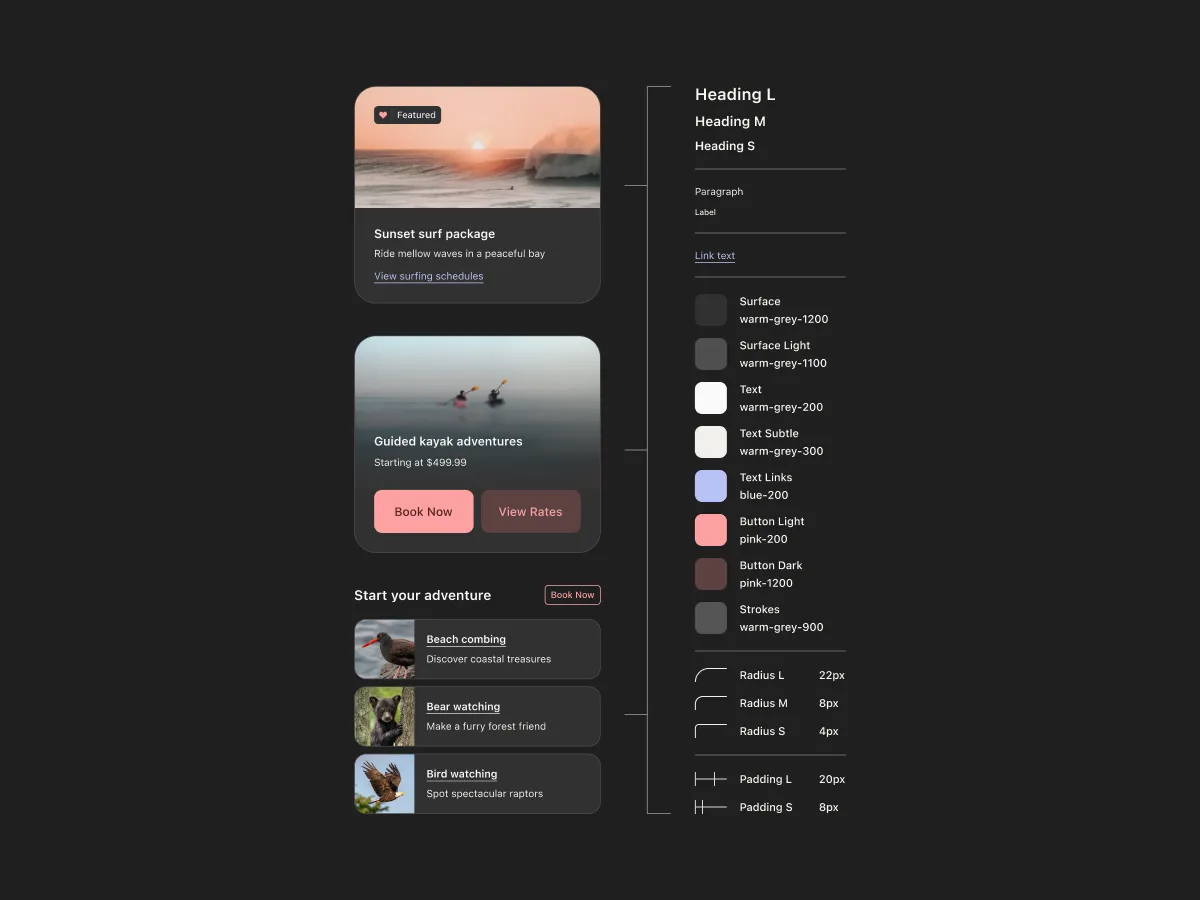 A mockup of a design system showing text and colour styles for user interface elements