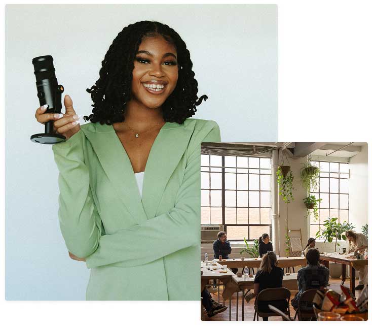 collage of podcaster and workshop