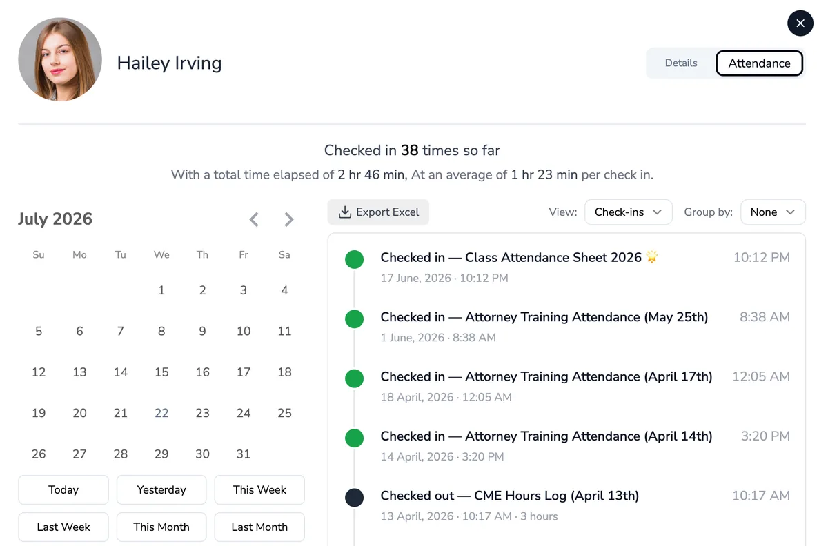 OneTap student attendance record: check-in history, calendar, and one-click Excel export