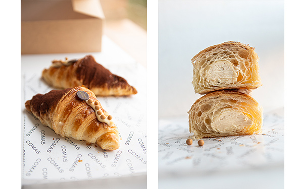 Croissant relleno de crema de tiramisú, cremoso de mascarpone y Amareto, decorado con cacao en polvo y perlas de Dulcey.