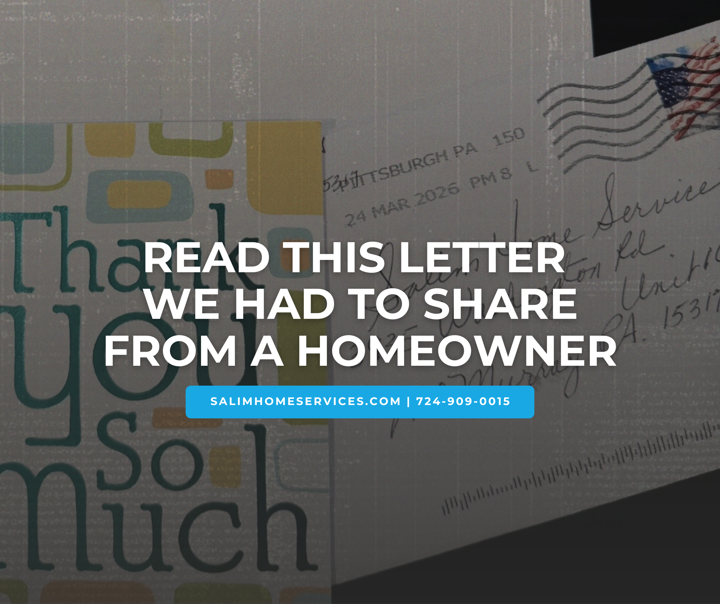 Handwritten thank you letter from homeowner Sandra after laminate flooring installation by Salim Home Services in her office. South Hills Pittsburgh, PA
