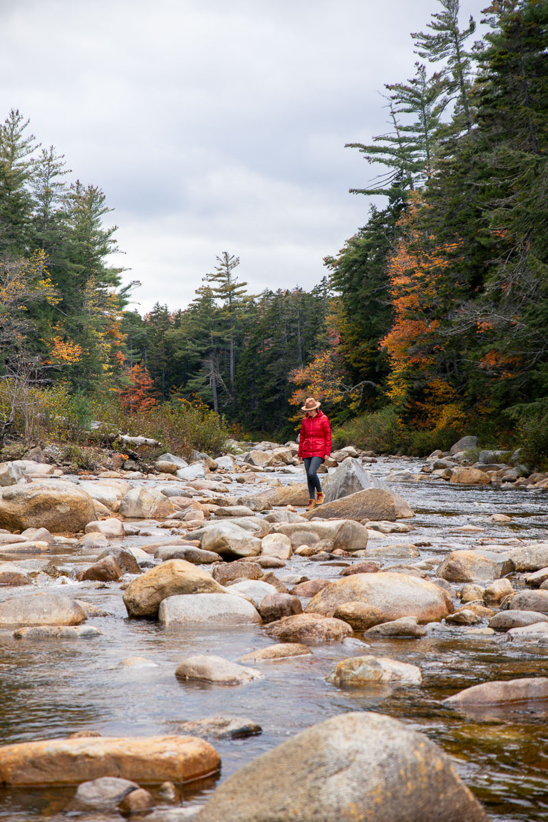 A woman carefully stepping on rocks in the middle of a river with colorful fall foliage in the background