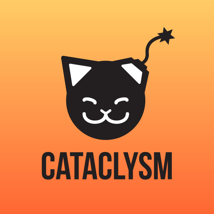 Cataclysm logo with a cat head as a bomb on a yellow and orange gradient background