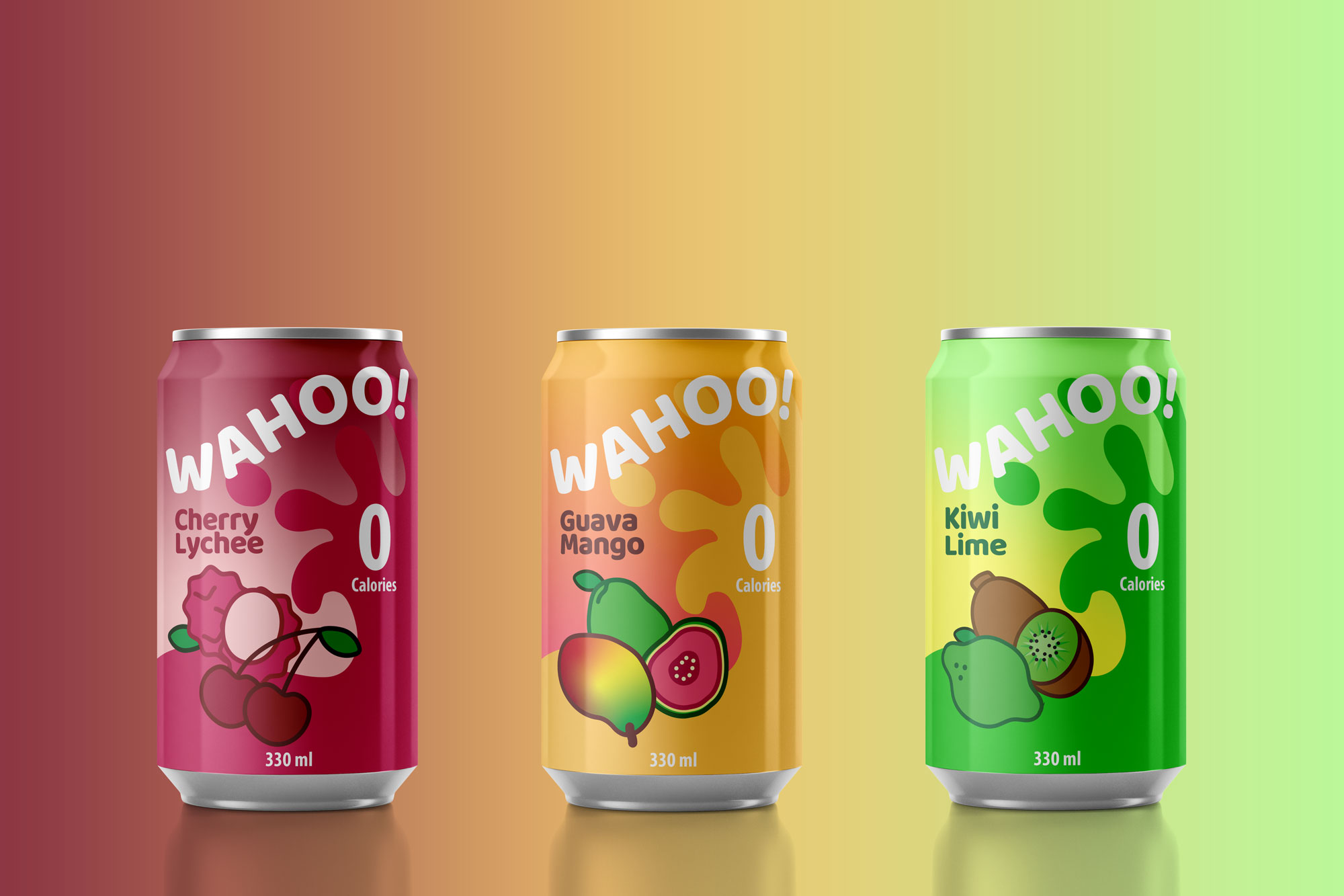 Three different soda flavors on a red, yellow, and green gradient
