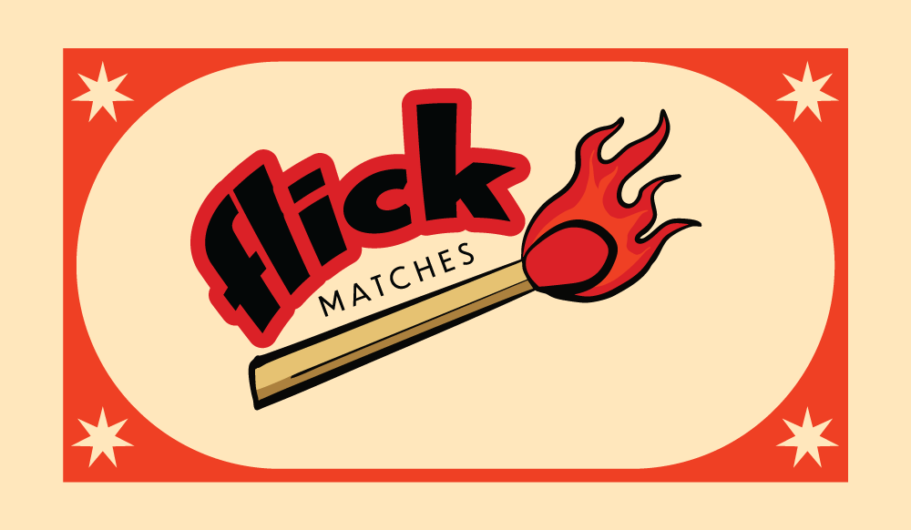 Flick matches logo with lit match on a beige background