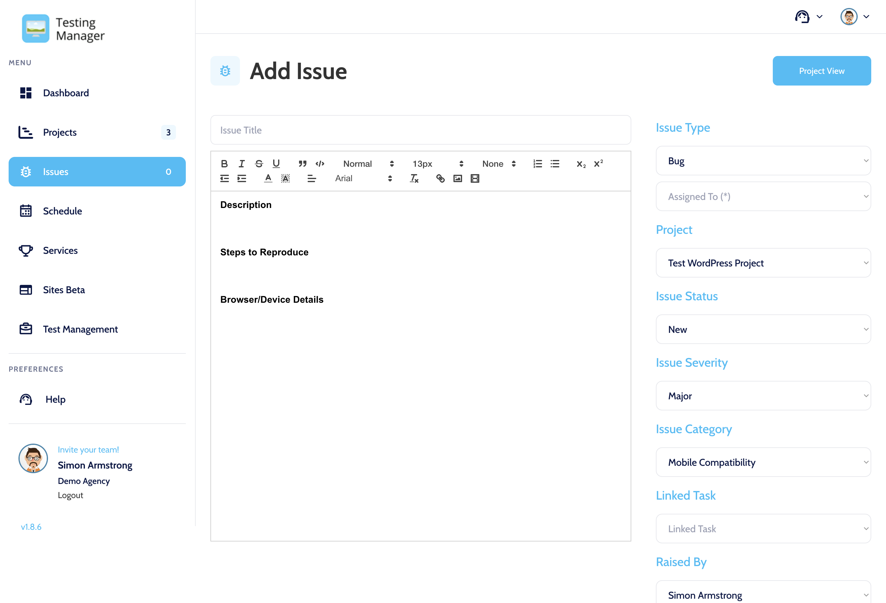 The Add Issue page to quickly and easily add bugs to Testing Manager