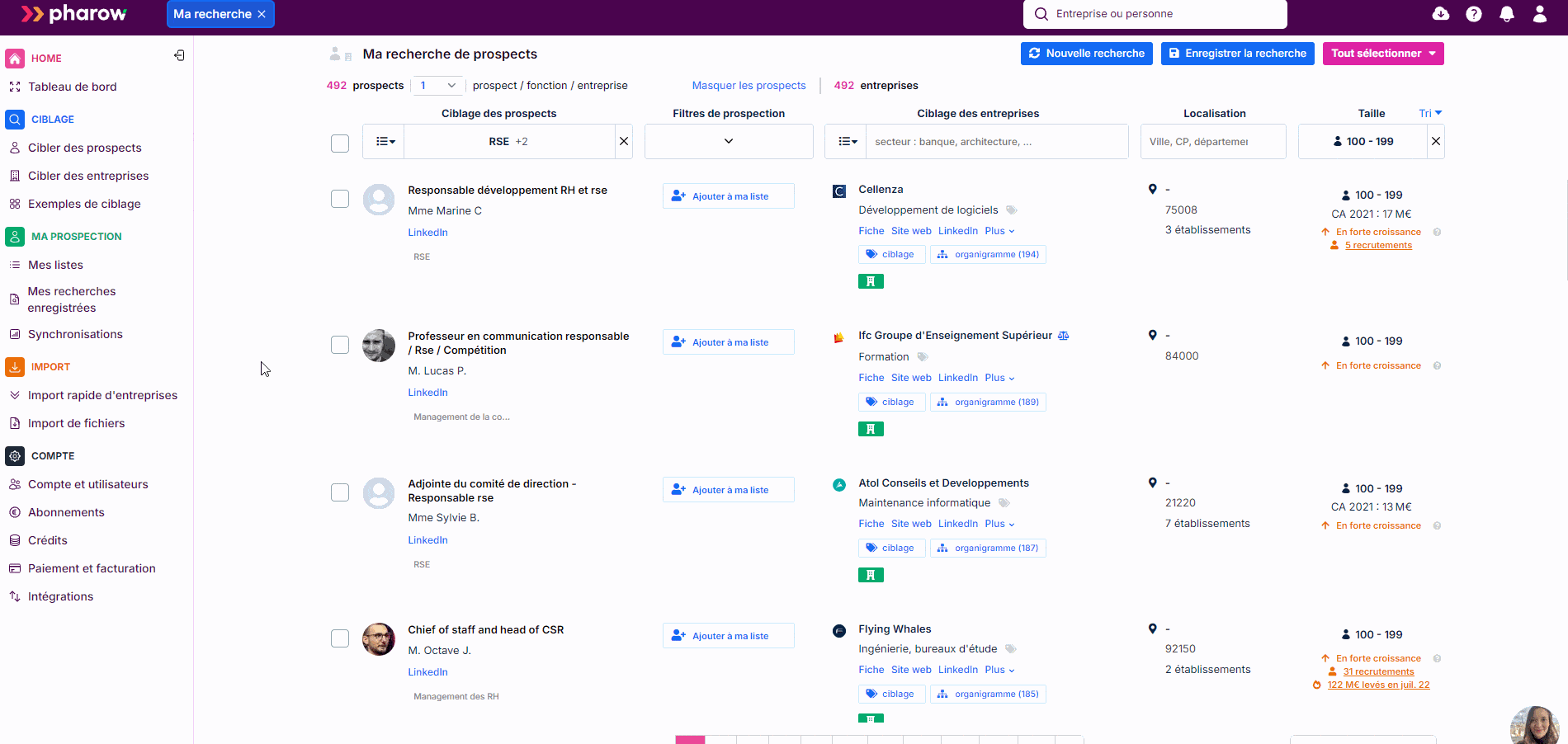 Utilisation d'une liste d'entreprises comme filtre de recherche sur Pharow pour identifier le Responsable Informatique
