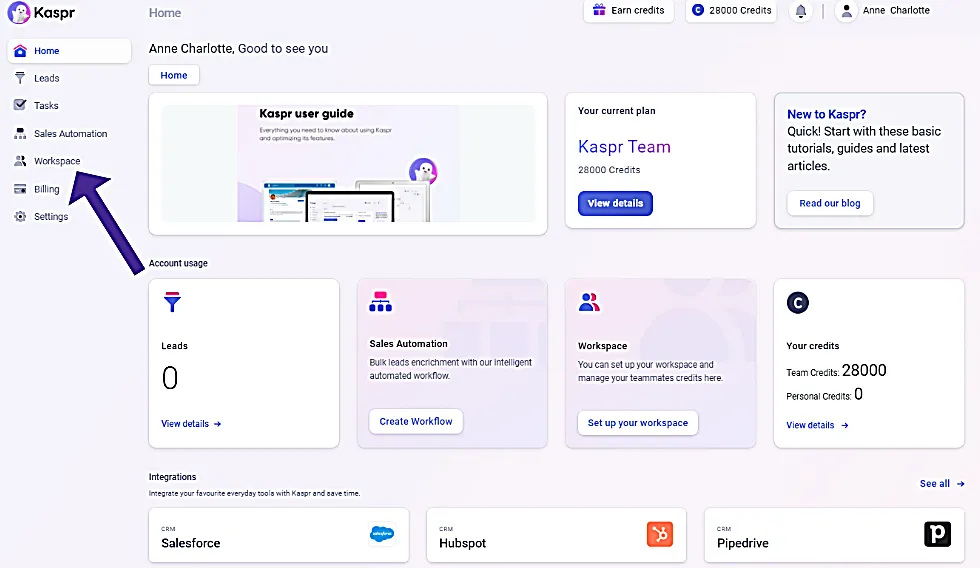 L'interface de l'outil de prospection Kaspr