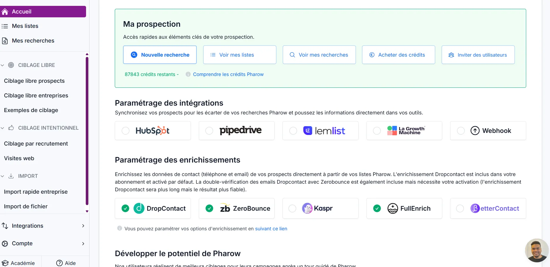 L'interface de l'outil de prospection Pharow