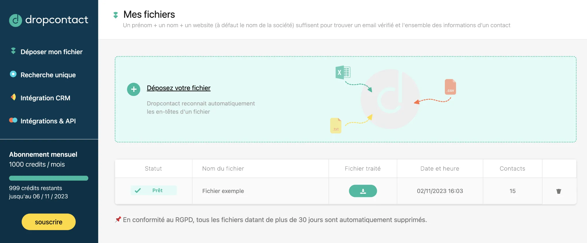 Interface de l'outil de prospection Dropcontact