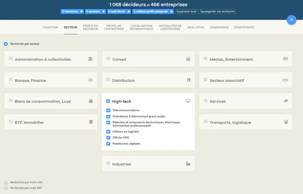 Exemple d’une recherche de prospect sur Nomination