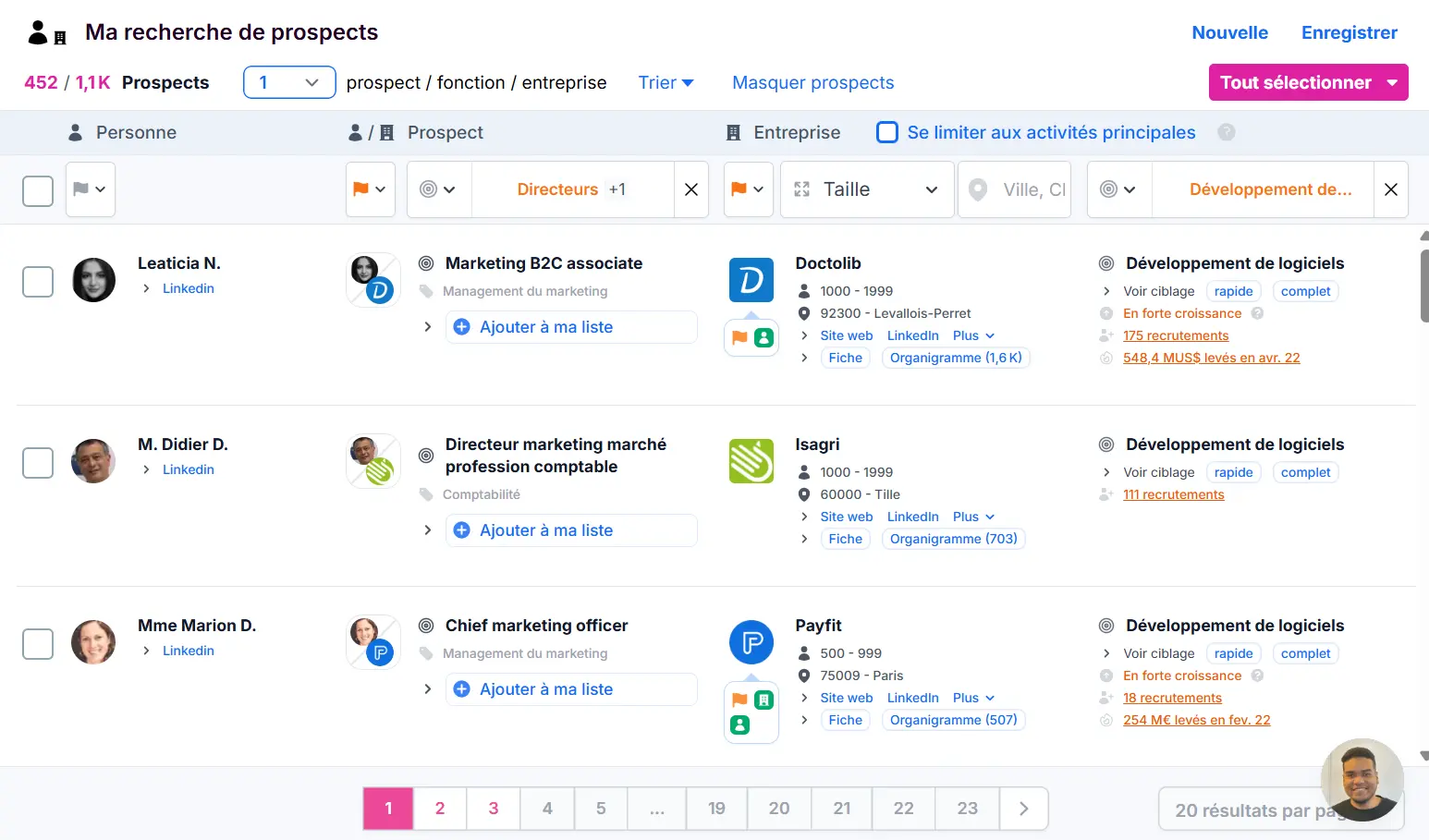 Résultat de la recherche de prospects