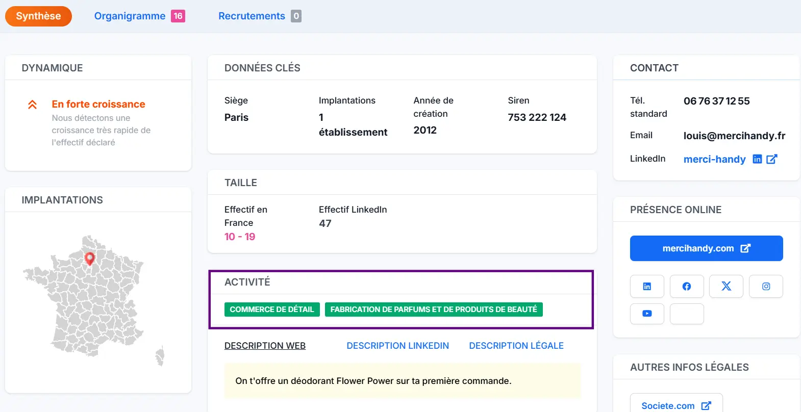 Code NAF de la société Merci Handy
