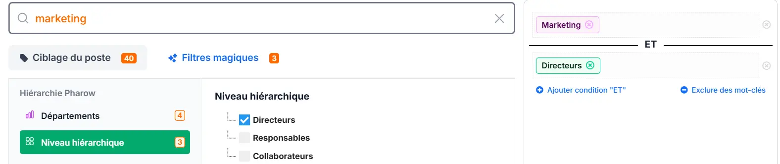 Cibler par département et niveau hiérarchique sur Pharow