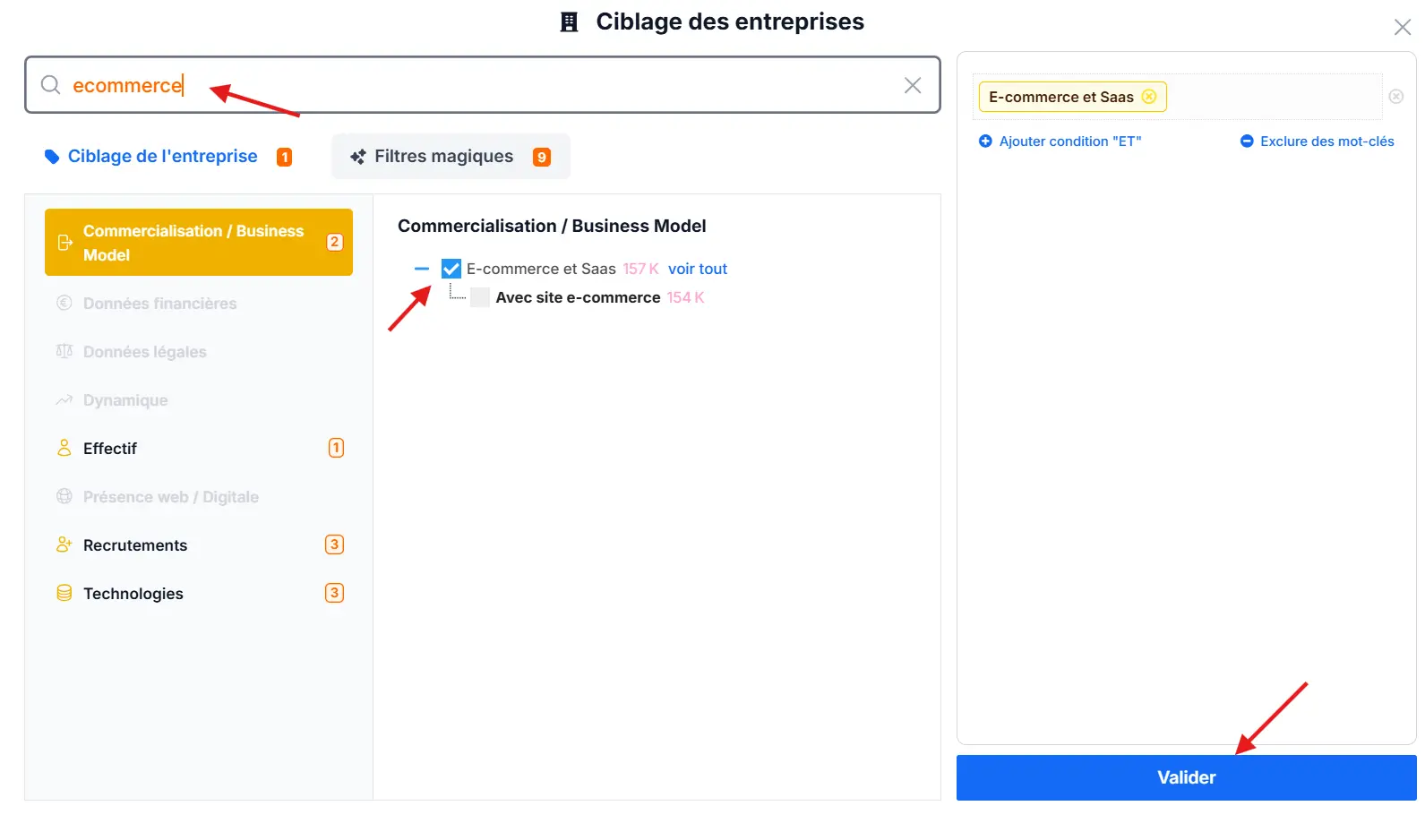 Cibler le filtre " E-commerce/ Saas pour obtenir les entreprises e-commerce