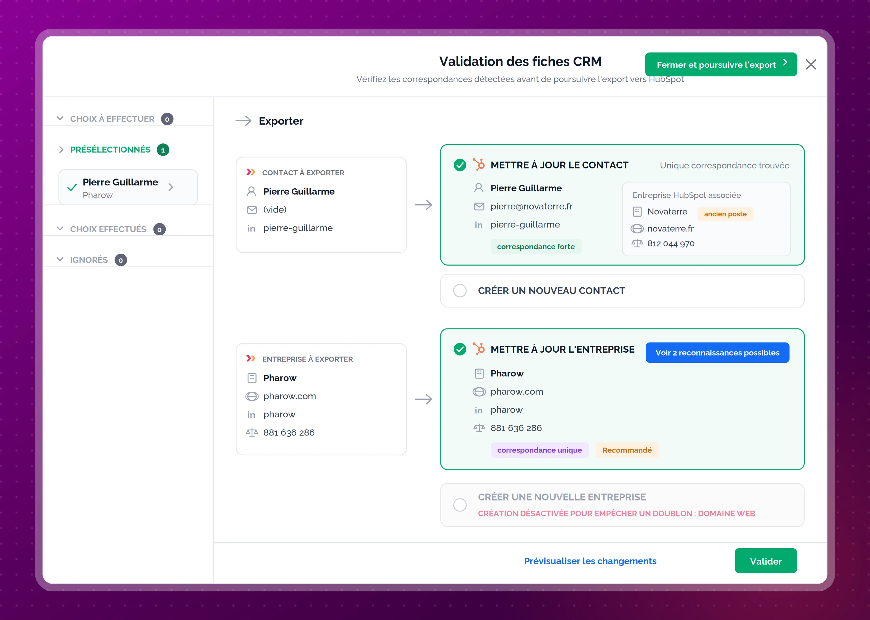 Modale de validation de l'export Pharow montrant les créations et les mises à jour avant envoi au CRM