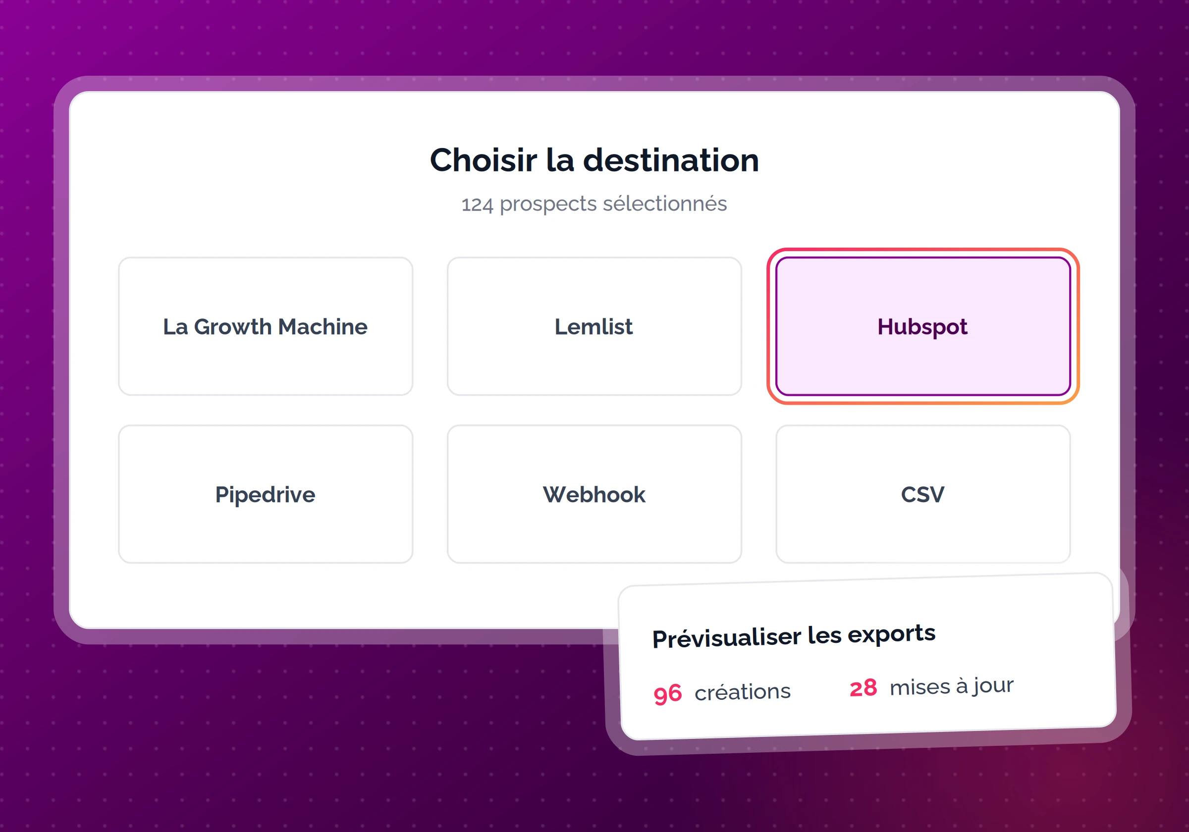 La modale de choix de destination d'un export Pharow, avec HubSpot sélectionné et la prévisualisation des créations et des mises à jour.