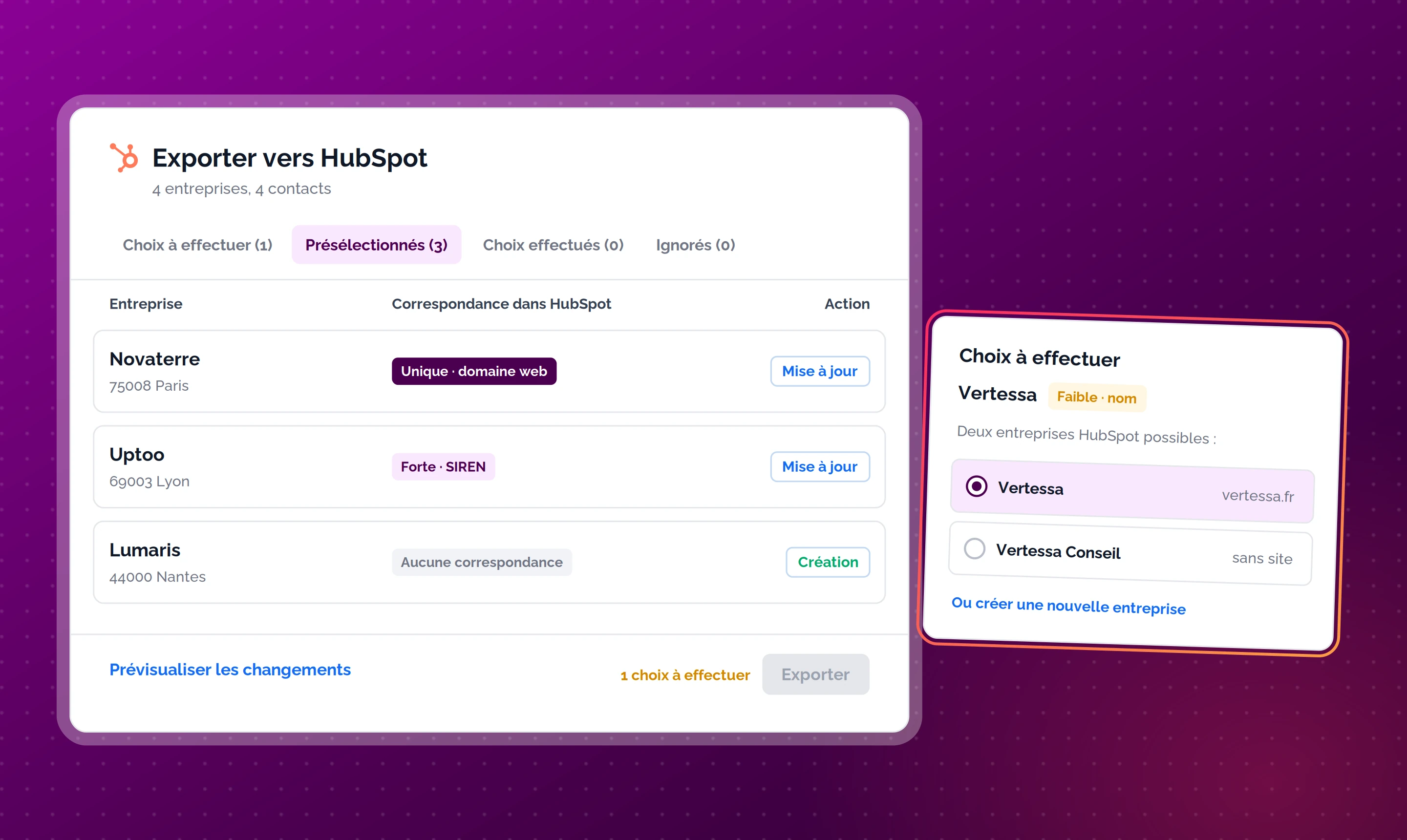 Fenêtre d'export vers HubSpot dans Pharow : trois entreprises présélectionnées avec leur correspondance unique, forte ou absente et l'action prévue, et une entreprise reconnue sur son seul nom qui attend un choix entre deux entreprises HubSpot.