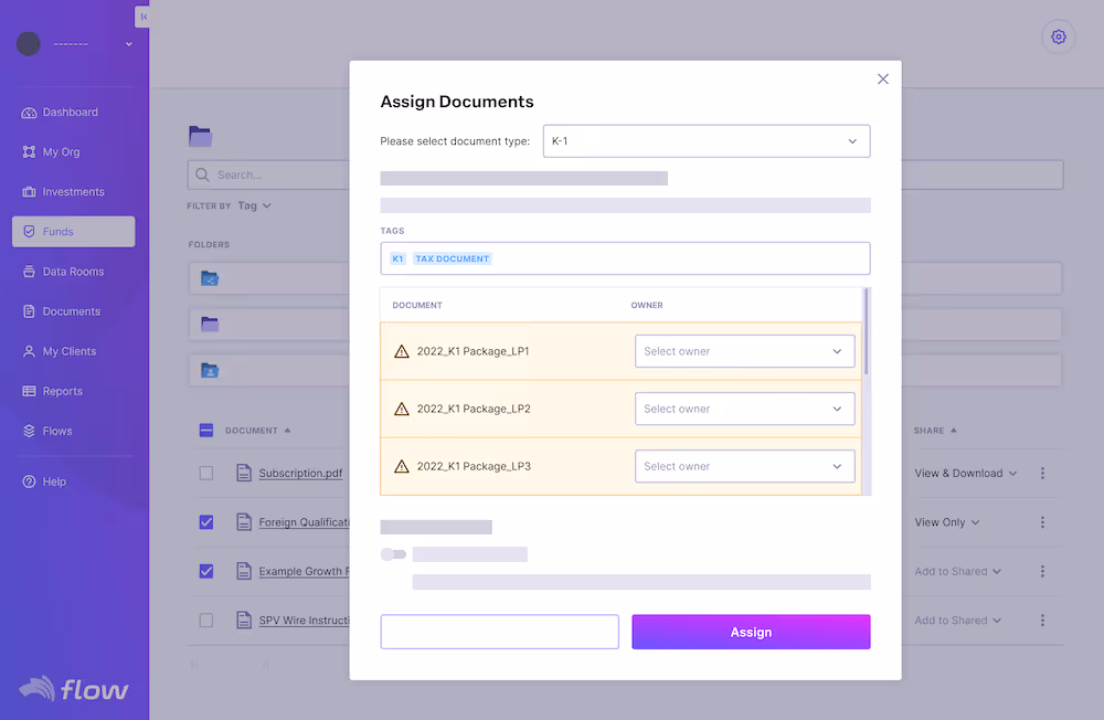 User interface showing an Assign Documents popup with document type K-1 selected, tags labeled K1 and Tax Document, and three K1 package documents listed for owner assignment.