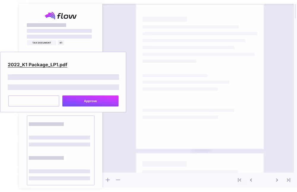 Digital document interface showing a tax document with blurred text labeled 'flow' and a pop-up window titled '2022_K1 Package_LP1.pdf' with an input box and a purple 'Approve' button.
