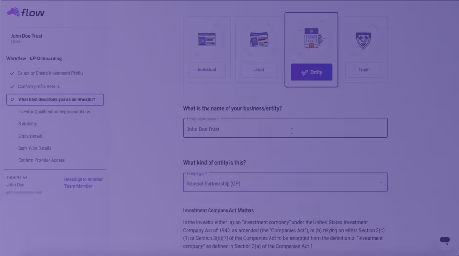 Onboarding screen for Flow platform showing investment profile selection with Entity type selected, form fields for business name and entity type, and a sidebar with onboarding steps and user info.