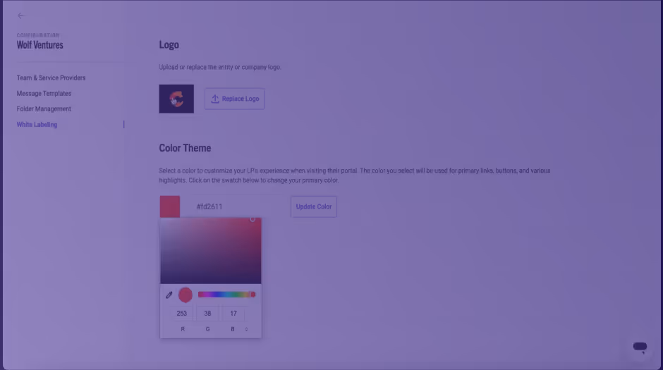 User interface for customizing branding with options to replace a company logo and adjust a red color theme using a color picker and RGB input fields.