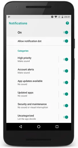Notifications Categories in Google Play app