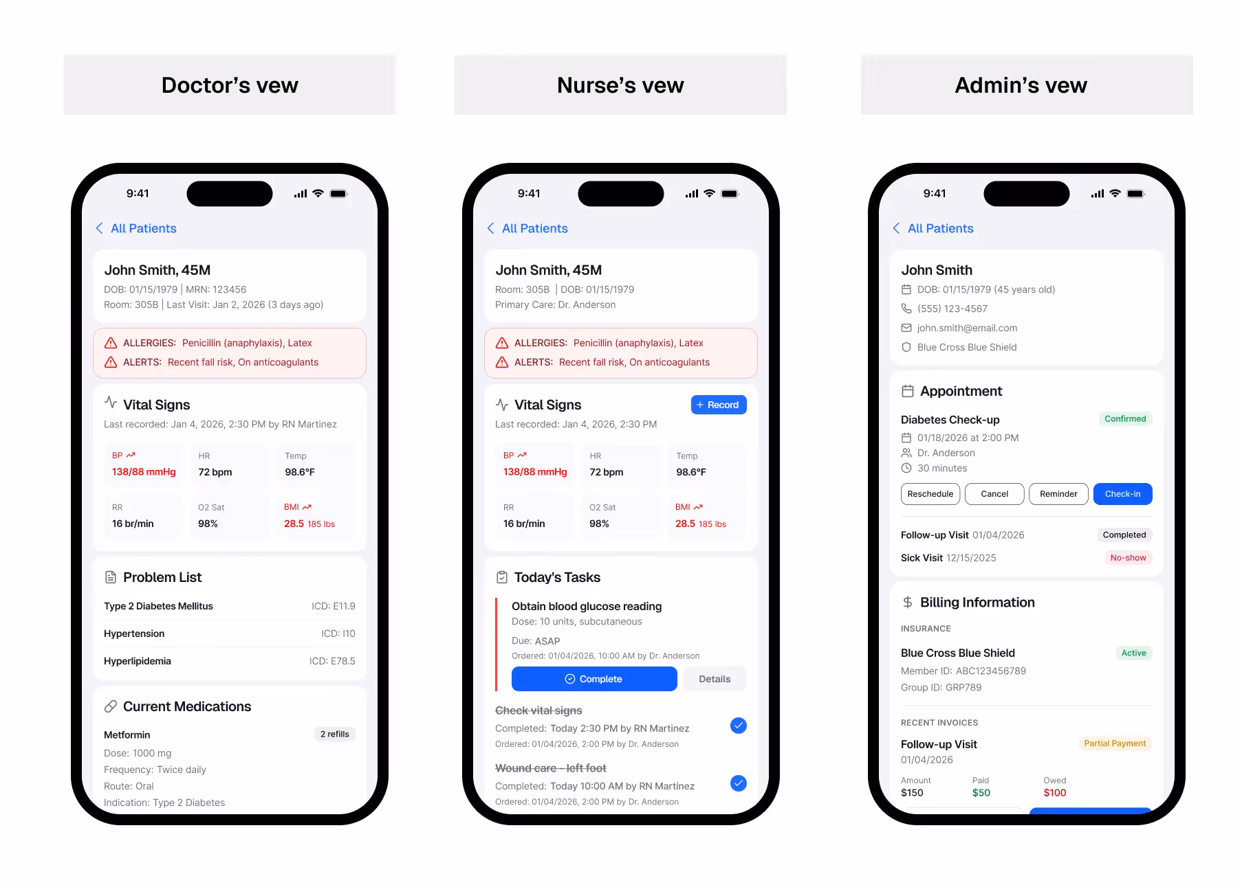 Examples of role-based interfaces of healthcare mobile app for doctors, nurses, and admins