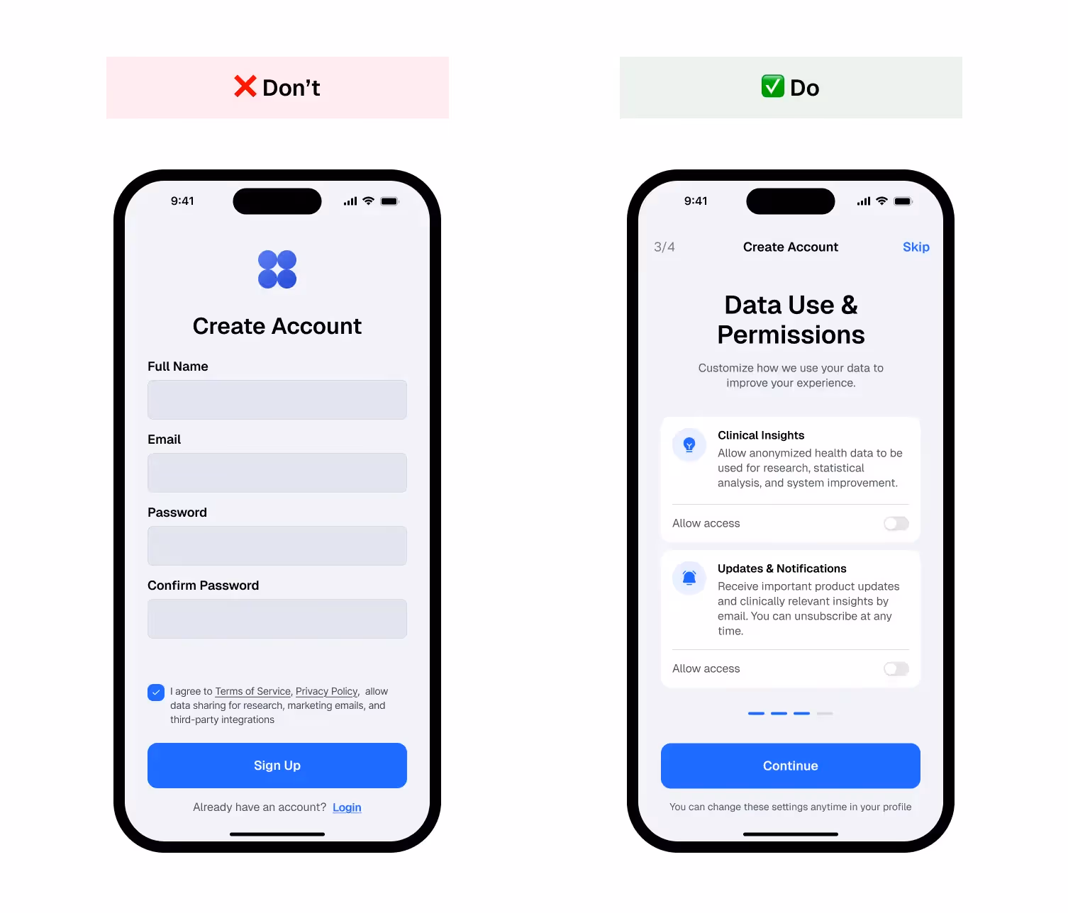 A good and bad examples of consent management implementation for a healthcare mobile app
