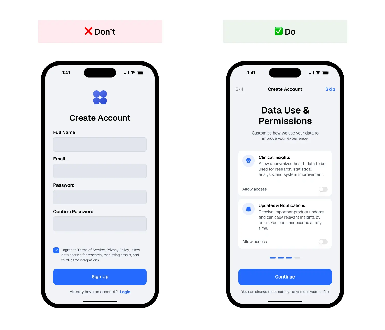 A good and bad examples of consent management implementation for a healthcare mobile app 