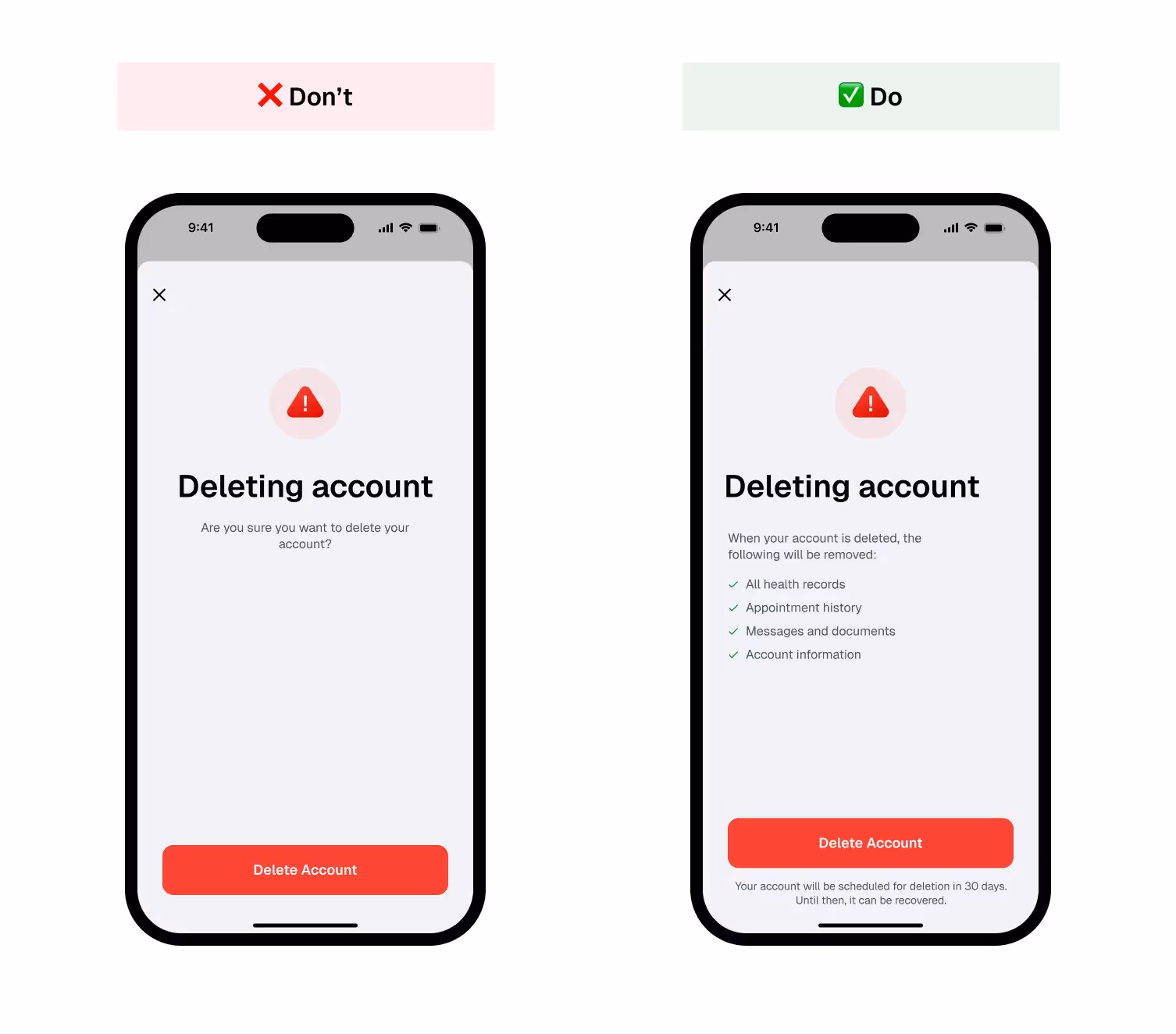 A good and bad examples of account deletion interface for a healthcare mobile app