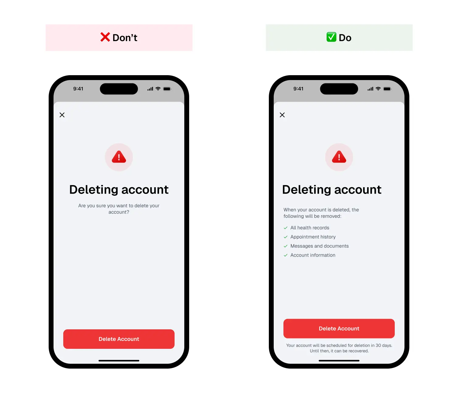 A good and bad examples of account deletion interface for a healthcare mobile app 