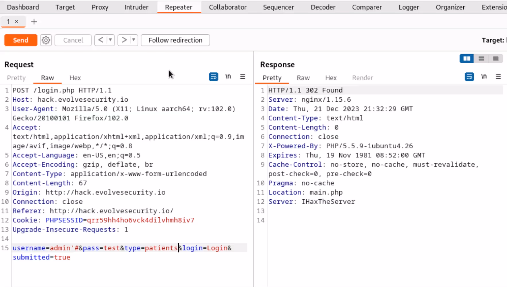 Demonstration of successful SQL Injection attack using the “Repeater” tab