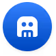 Blue circular icon with a white stylized robot face featuring two eyes and a mouth.