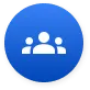 Blue circular icon with three white user figures representing a group or community.