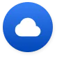 White cloud icon inside a blue circular button with a subtle shadow.